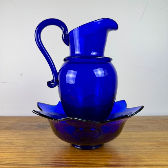 Vintage Cobalt Blue Glass Pitcher & Ruffled Bowl Set | Hand Blown Art Glass - Picture 11 of 16